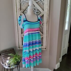 ValMarie Colorful Stripe Ribbed Swing Midi Dress S/M/L Boho Casual